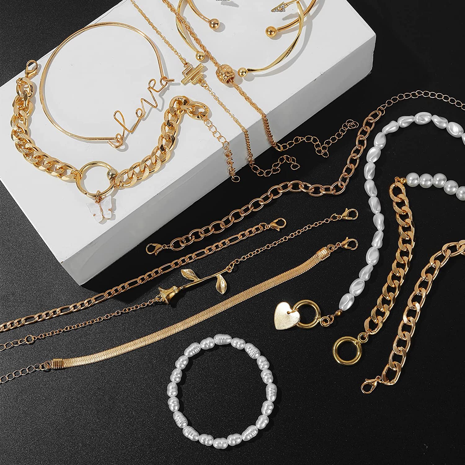 IFKM 6 PACK (24 PCS) Boho Gold Chain Bracelets Set for Women Girls, 14K Gold Plated Multiple Layered Stackable Open Cuff Wrap Bangle Adjustable Link Italian Cuban Jewelry for Women Girls Gift… - Image 8
